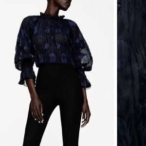 Zara Navy Blue Cropped Polka Dot Blouse Size XS